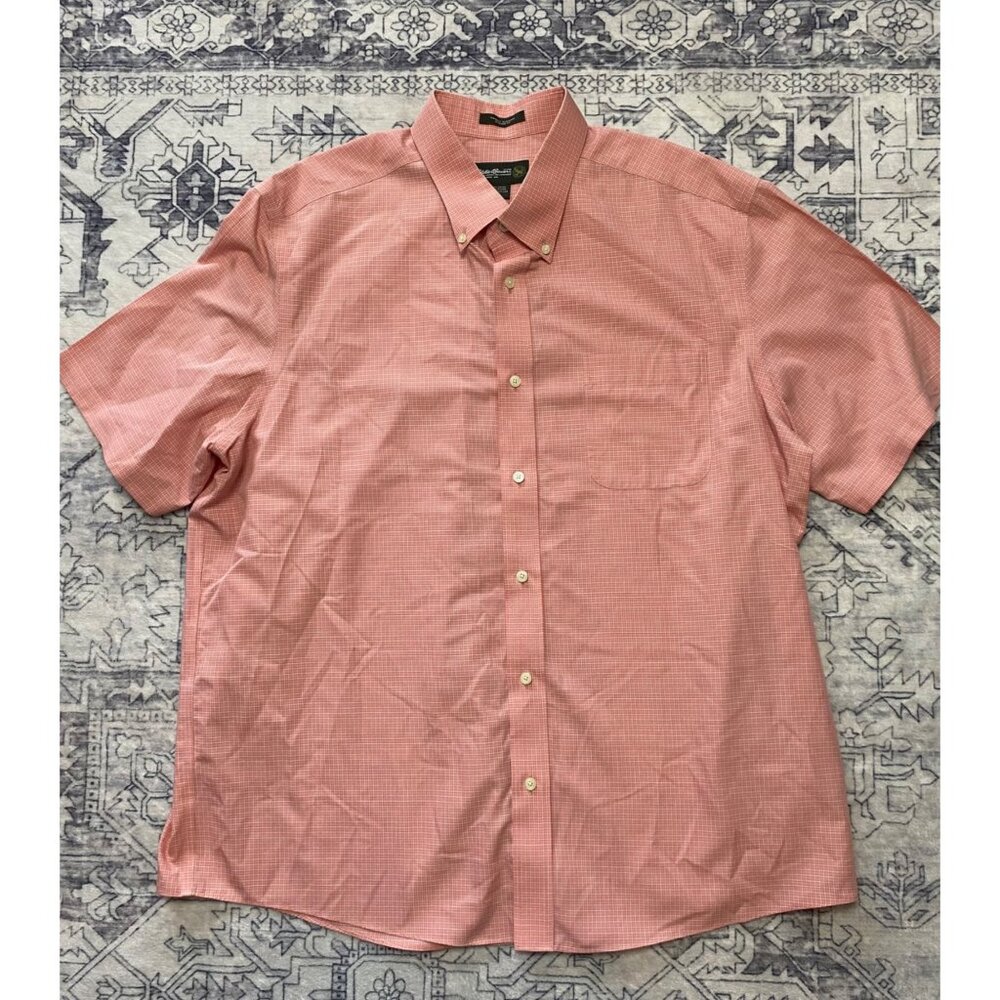 Eddie Bauer Mens XL Pink Plaid Wrinkle-Resistant Short Sleeve Button-Down Shirt‎
